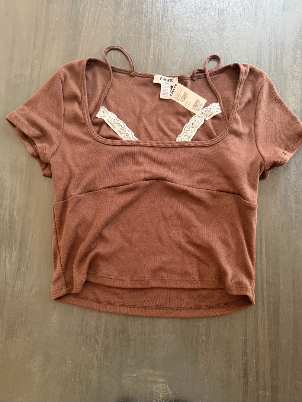 Y2K RSC Brown Lace Trim Double Layer Baby Tee Top Size Large